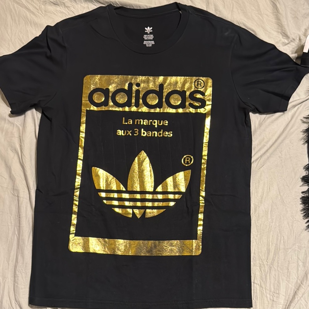 Adidas Men's Tee with Gold Logo on Black